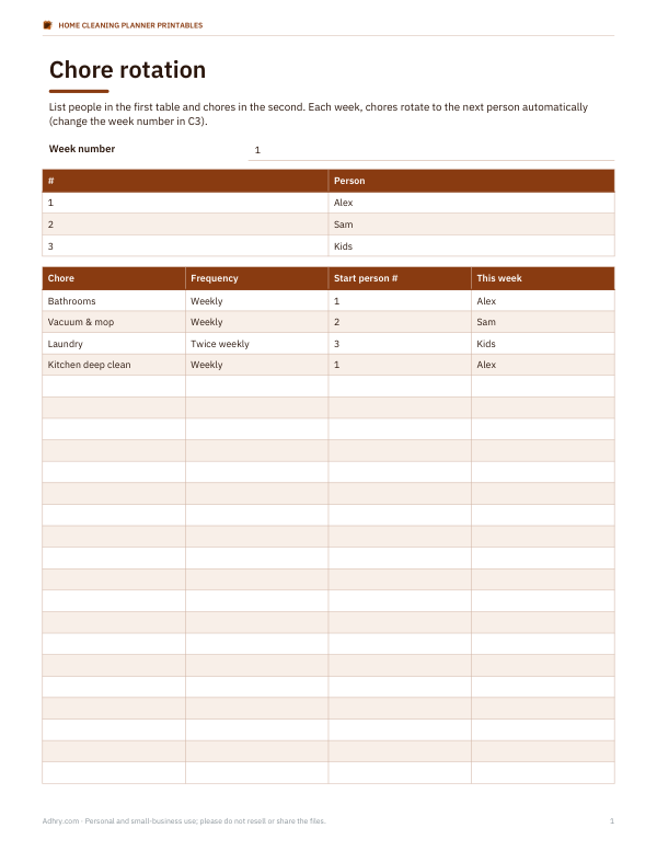Preview of Printable Chore Rotation Worksheet